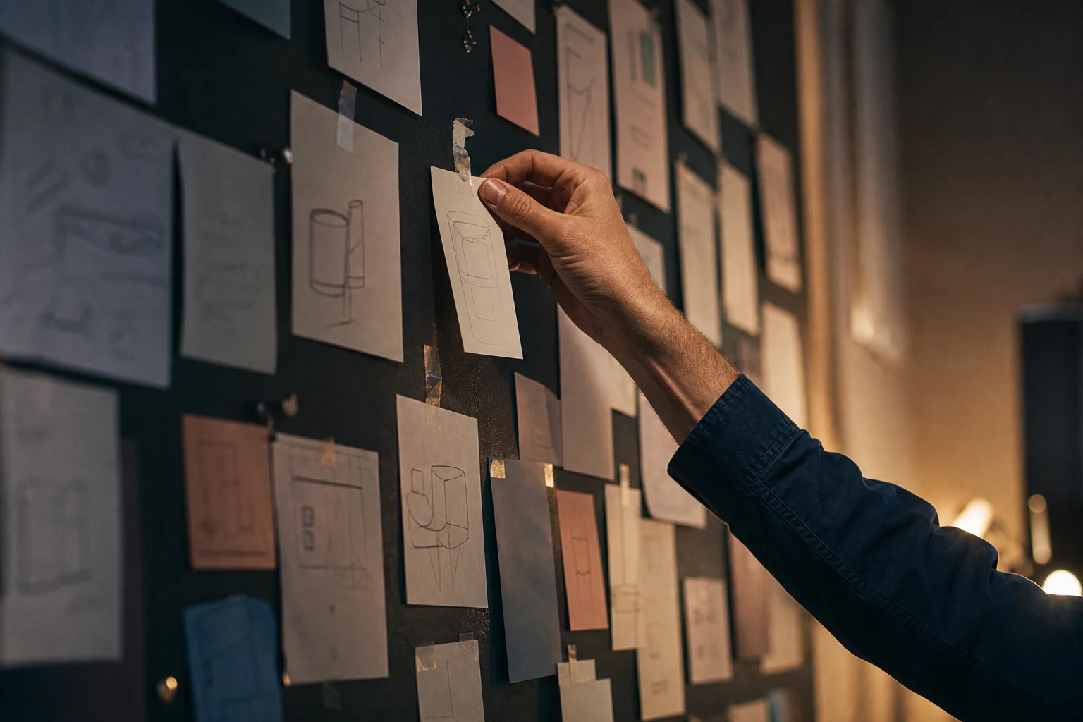 A man's hand placing a paper sketch on a product-design wall