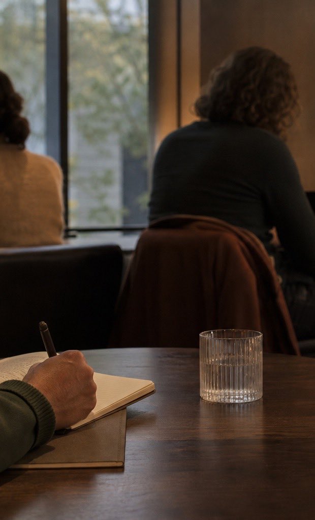 A person taking observation notes while people interact in a cafe