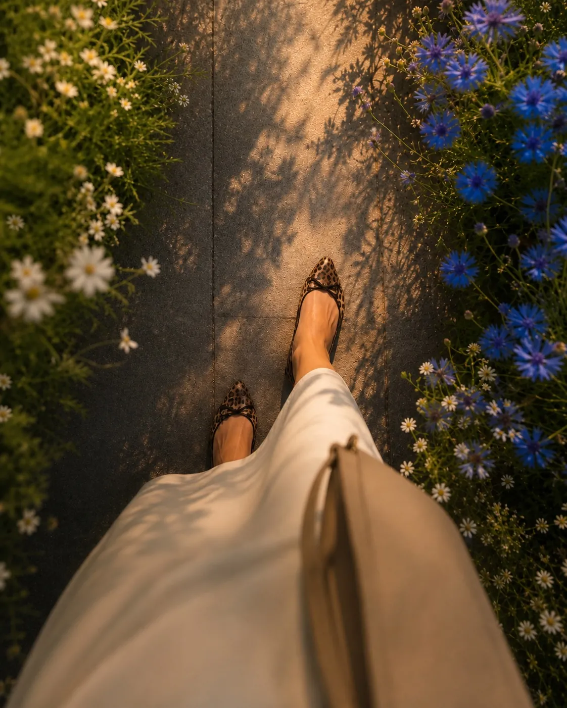 A woman in a cream dress walking between summer flowers