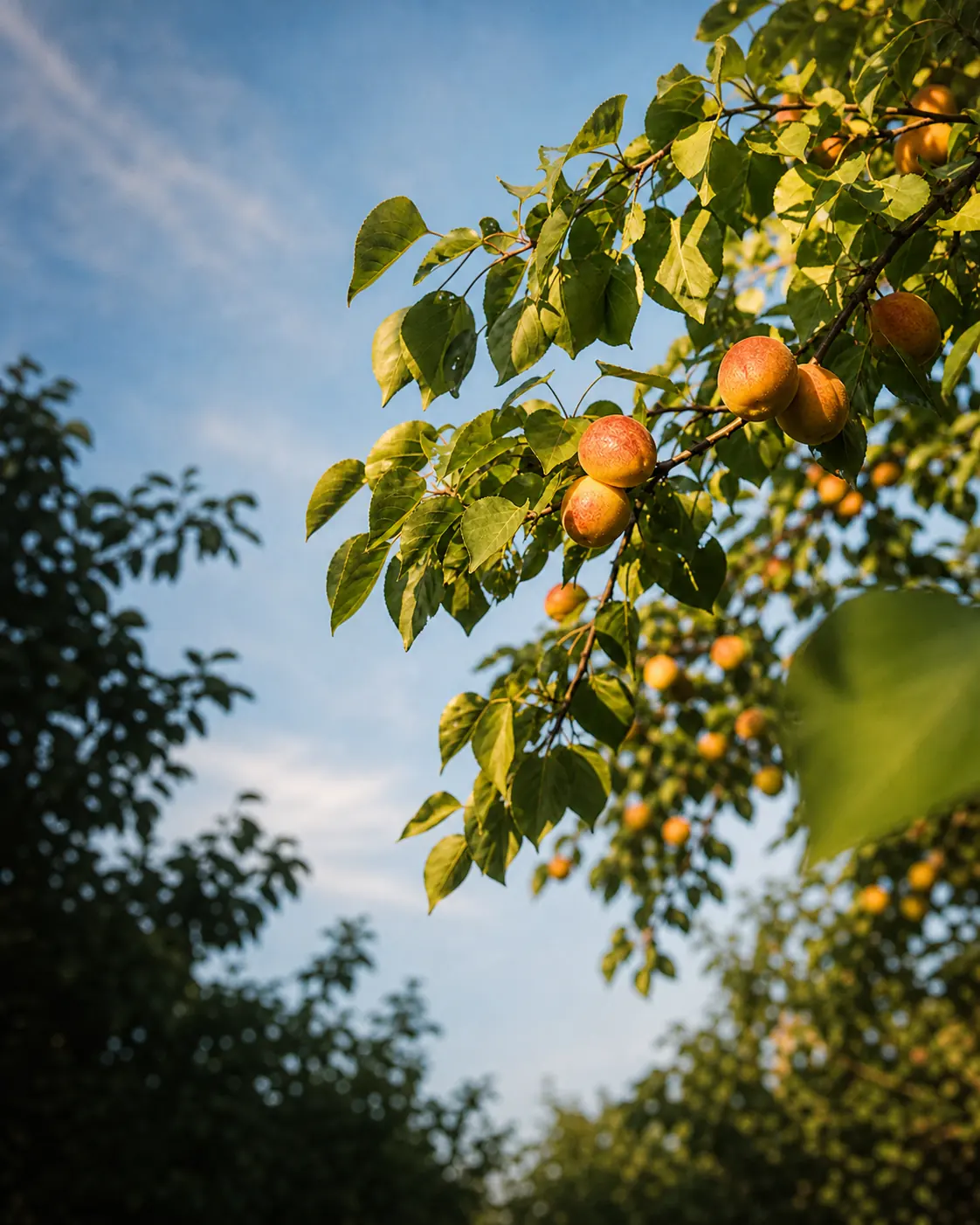 Ripe apricots growing on sunlit branches