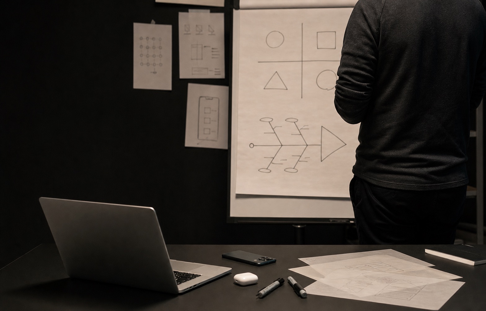 A product builder reviewing a SWOT structure and a fishbone diagram without showing their face
